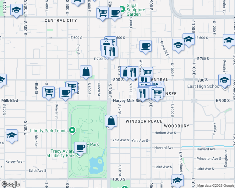 map of restaurants, bars, coffee shops, grocery stores, and more near 850 South Lake Street in Salt Lake City
