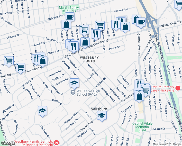 map of restaurants, bars, coffee shops, grocery stores, and more near 988 Bowling Green Drive in Westbury