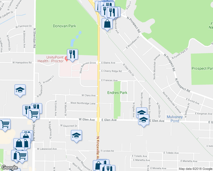 map of restaurants, bars, coffee shops, grocery stores, and more near 116 East Frances Avenue in Peoria