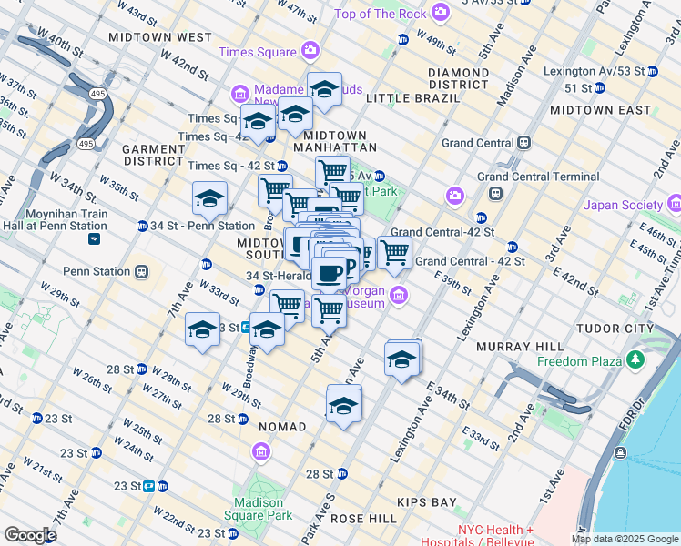 map of restaurants, bars, coffee shops, grocery stores, and more near 15 West 36th Street in New York