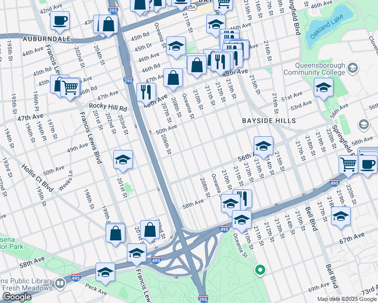 map of restaurants, bars, coffee shops, grocery stores, and more near 53-04 208th Street in Queens