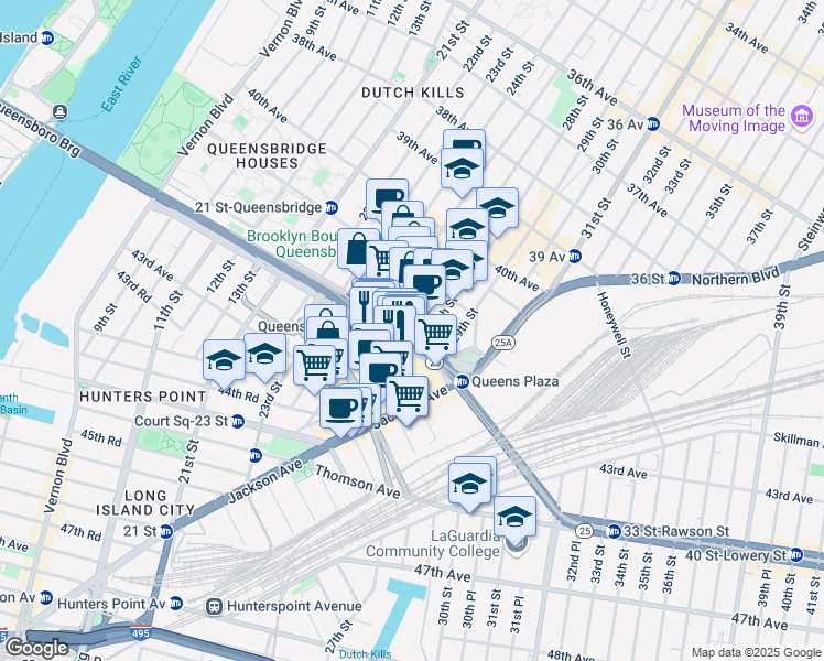 map of restaurants, bars, coffee shops, grocery stores, and more near 2706 Queens Plaza South in Queens