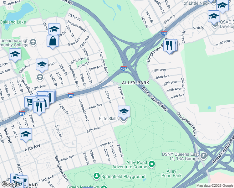 map of restaurants, bars, coffee shops, grocery stores, and more near 61-39 232nd Street in Queens