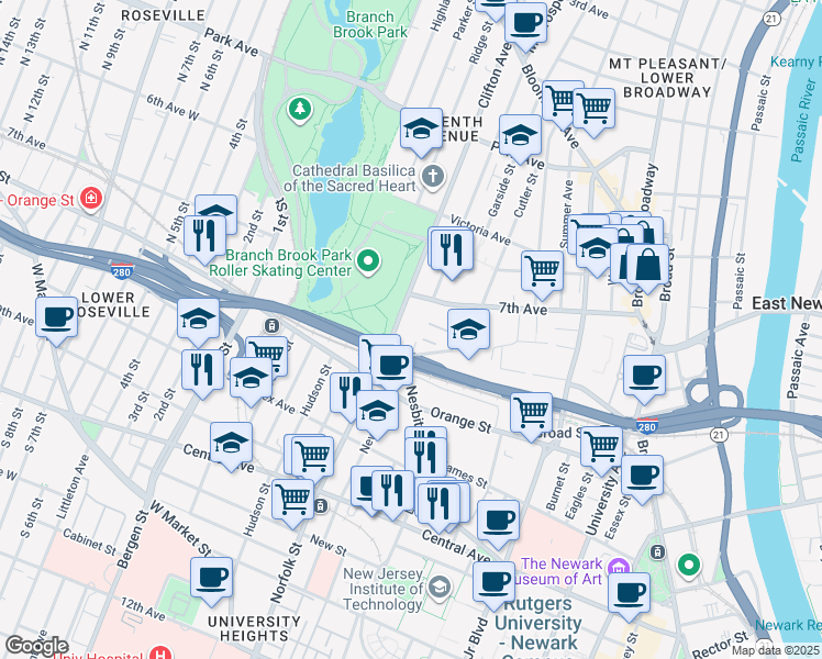 map of restaurants, bars, coffee shops, grocery stores, and more near 25 Clifton Avenue in Newark