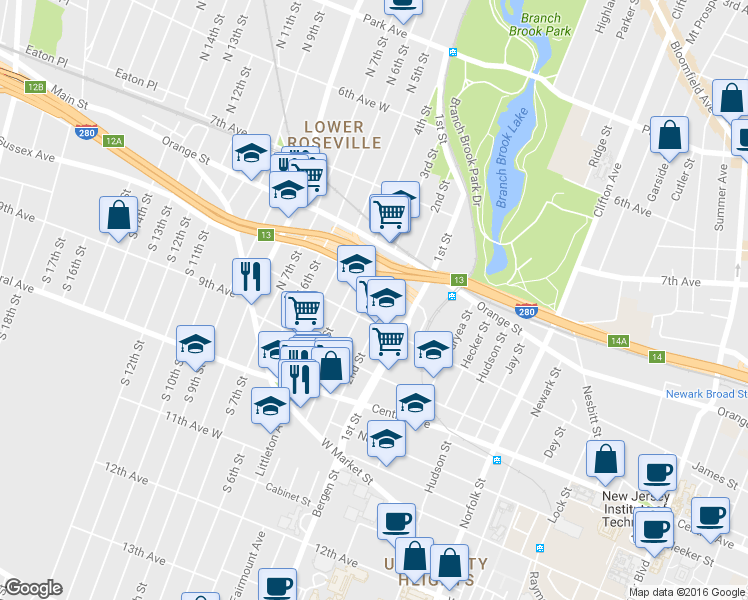 map of restaurants, bars, coffee shops, grocery stores, and more near 87 3rd Street in Newark