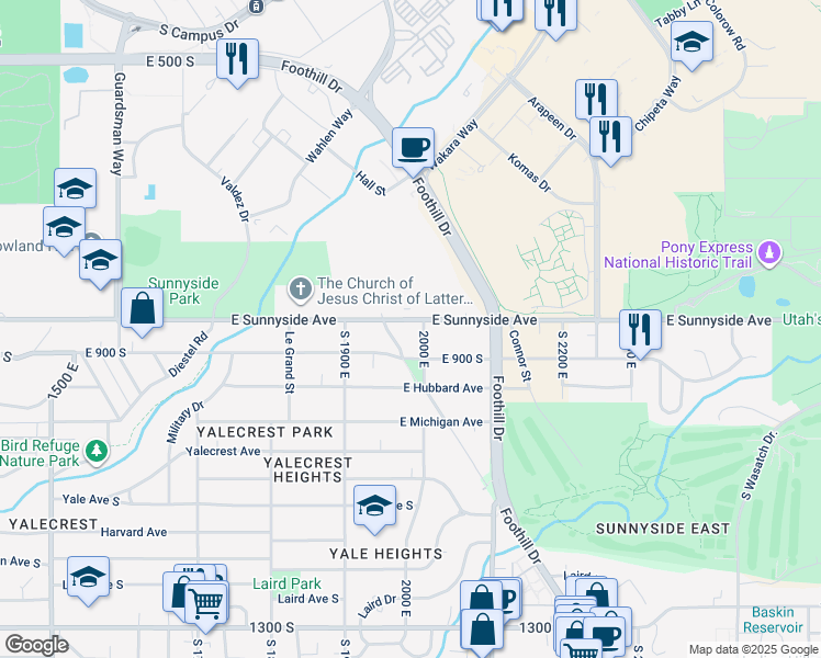 map of restaurants, bars, coffee shops, grocery stores, and more near 1982 Sunnyside Avenue South in Salt Lake City