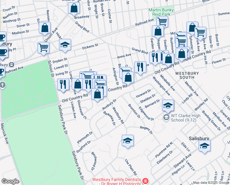 map of restaurants, bars, coffee shops, grocery stores, and more near 680-700 Old Country Road in Westbury