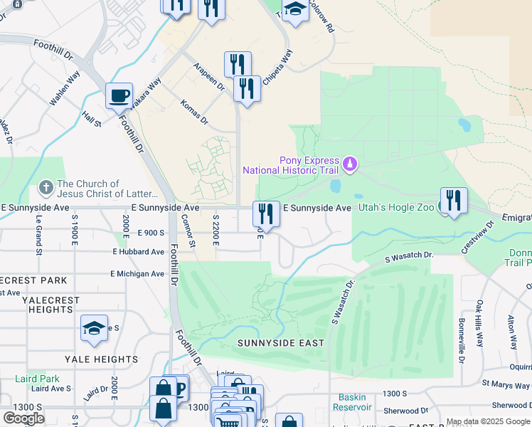 map of restaurants, bars, coffee shops, grocery stores, and more near 2306 East Sunnyside Avenue in Salt Lake City