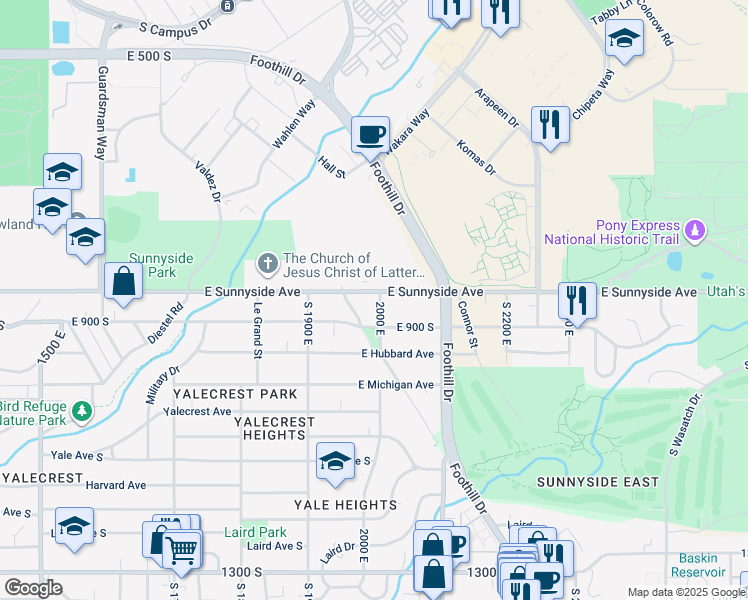 map of restaurants, bars, coffee shops, grocery stores, and more near 1982 Sunnyside Avenue South in Salt Lake City