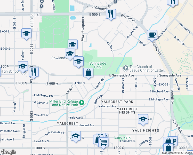 map of restaurants, bars, coffee shops, grocery stores, and more near 1676 Sunnyside Avenue South in Salt Lake City