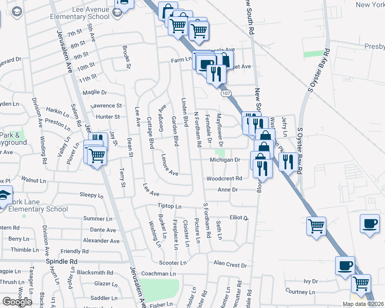 map of restaurants, bars, coffee shops, grocery stores, and more near 70 North Fordham Road in Hicksville