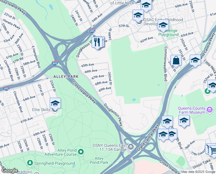map of restaurants, bars, coffee shops, grocery stores, and more near 240-51 69th Avenue in Queens