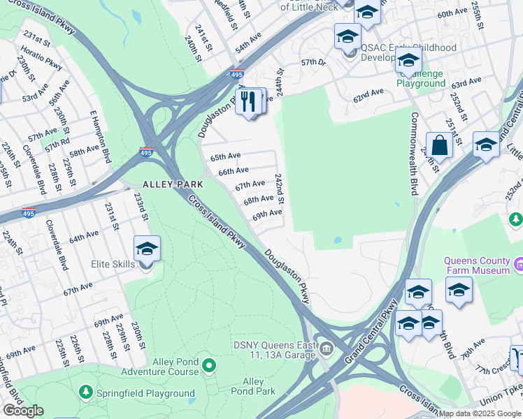 map of restaurants, bars, coffee shops, grocery stores, and more near 24016 68th Avenue in Queens