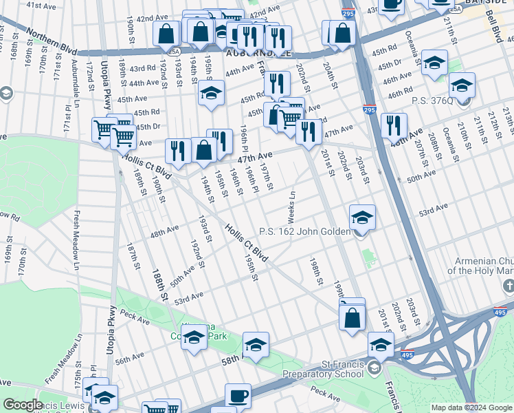map of restaurants, bars, coffee shops, grocery stores, and more near 48-12 196th Place in Queens