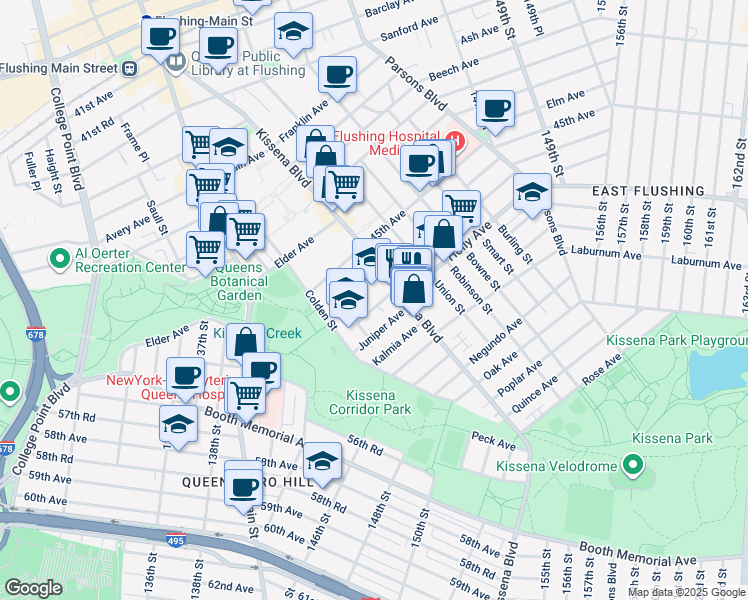 map of restaurants, bars, coffee shops, grocery stores, and more near 13764 Geranium Avenue in Queens