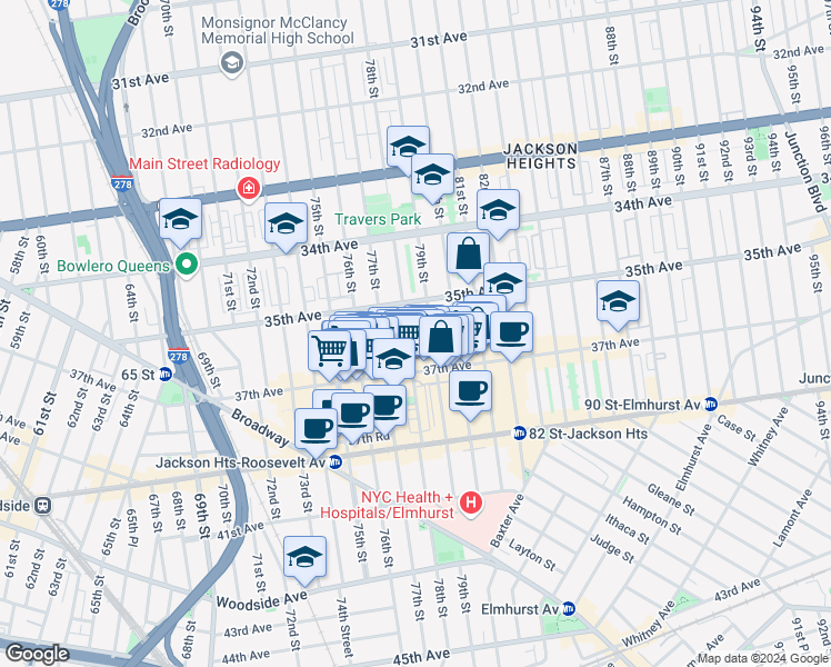 map of restaurants, bars, coffee shops, grocery stores, and more near 35-24 78th Street in Queens