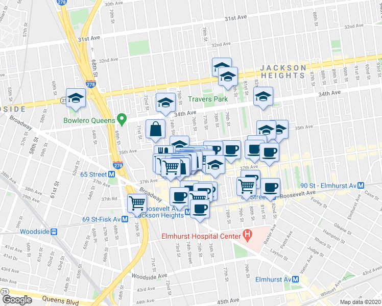 map of restaurants, bars, coffee shops, grocery stores, and more near in Queens