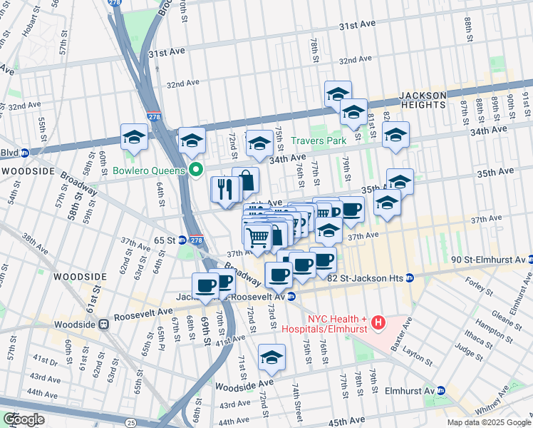 map of restaurants, bars, coffee shops, grocery stores, and more near 35-02 73rd Street in Queens