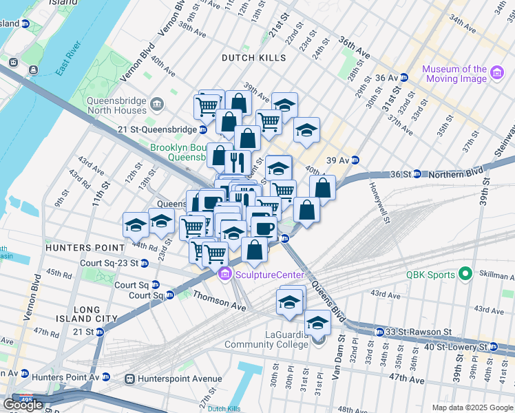 map of restaurants, bars, coffee shops, grocery stores, and more near in Queens