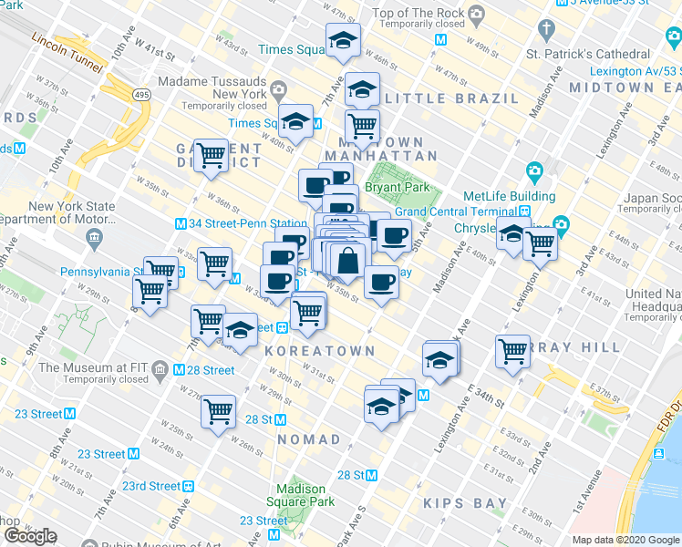 map of restaurants, bars, coffee shops, grocery stores, and more near 60 West 36th Street in New York
