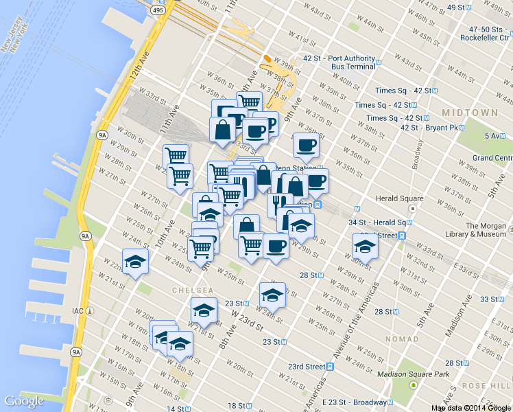 map of restaurants, bars, coffee shops, grocery stores, and more near 370 West 30th Street in New York