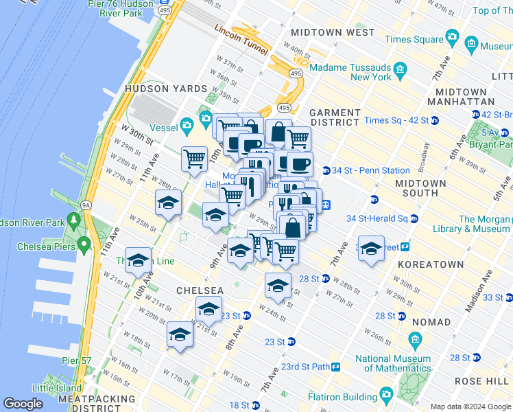 map of restaurants, bars, coffee shops, grocery stores, and more near 370 West 30th Street in New York