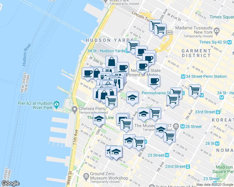 map of restaurants, bars, coffee shops, grocery stores, and more near in New York