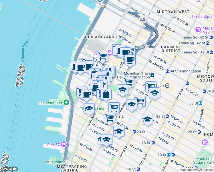 map of restaurants, bars, coffee shops, grocery stores, and more near 501 West 28th Street in New York