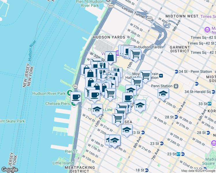 map of restaurants, bars, coffee shops, grocery stores, and more near 533 West 26th Street in New York