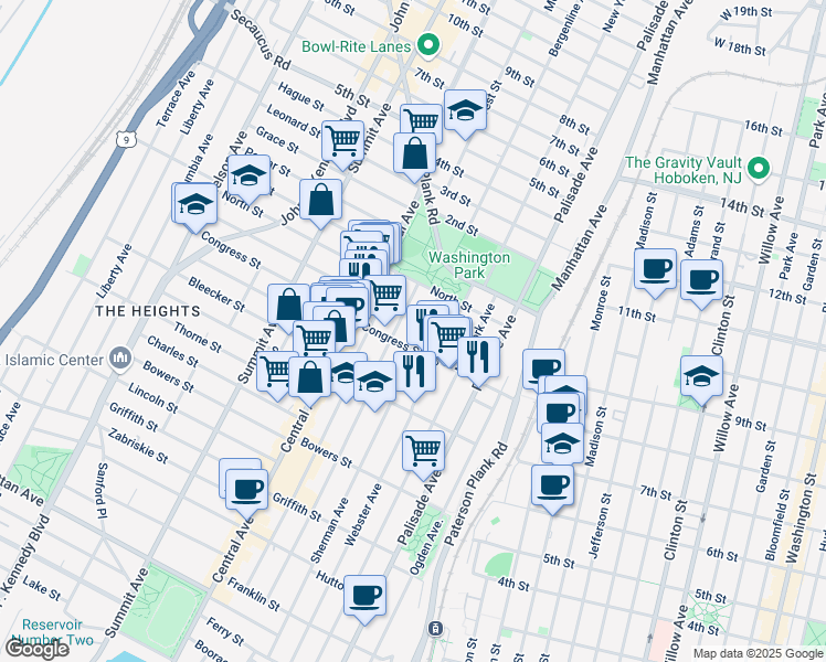 map of restaurants, bars, coffee shops, grocery stores, and more near 288 Sherman Avenue in Jersey City