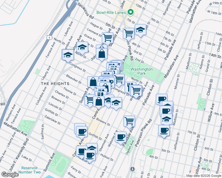 map of restaurants, bars, coffee shops, grocery stores, and more near in Jersey City