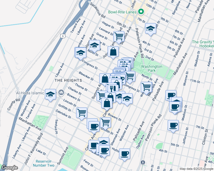 map of restaurants, bars, coffee shops, grocery stores, and more near 21 Paterson Street in Jersey City