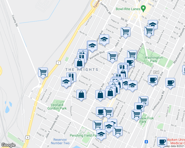 map of restaurants, bars, coffee shops, grocery stores, and more near 106 Thorne Street in Jersey City