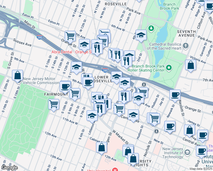 map of restaurants, bars, coffee shops, grocery stores, and more near in Newark