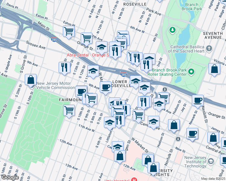 map of restaurants, bars, coffee shops, grocery stores, and more near 26 North 7th Street in Newark