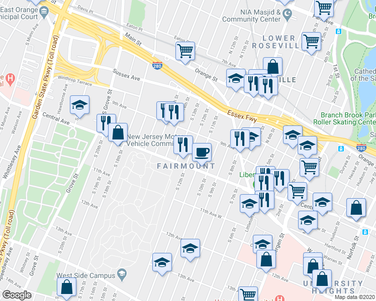 map of restaurants, bars, coffee shops, grocery stores, and more near 114 South 12th Street in Newark