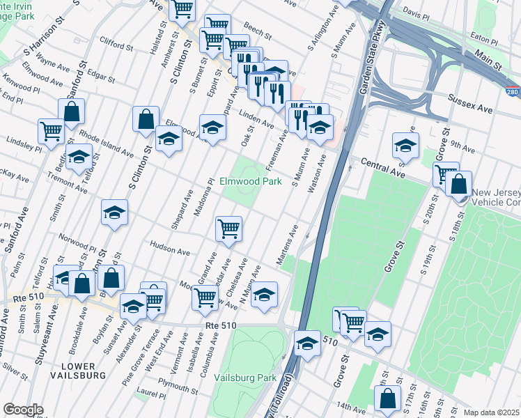 map of restaurants, bars, coffee shops, grocery stores, and more near 151 South Munn Avenue in East Orange