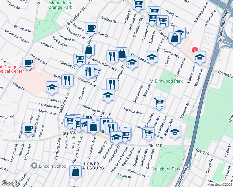 map of restaurants, bars, coffee shops, grocery stores, and more near 142 Tremont Avenue in East Orange