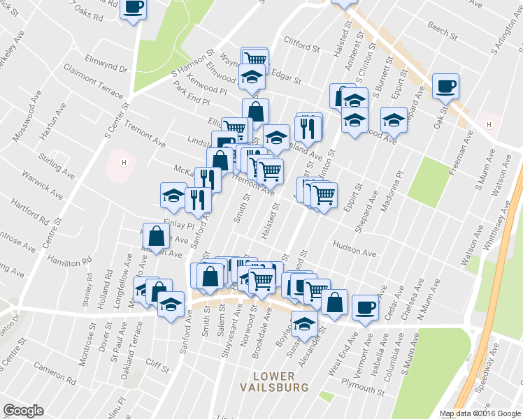 map of restaurants, bars, coffee shops, grocery stores, and more near 132 Telford Street in Newark