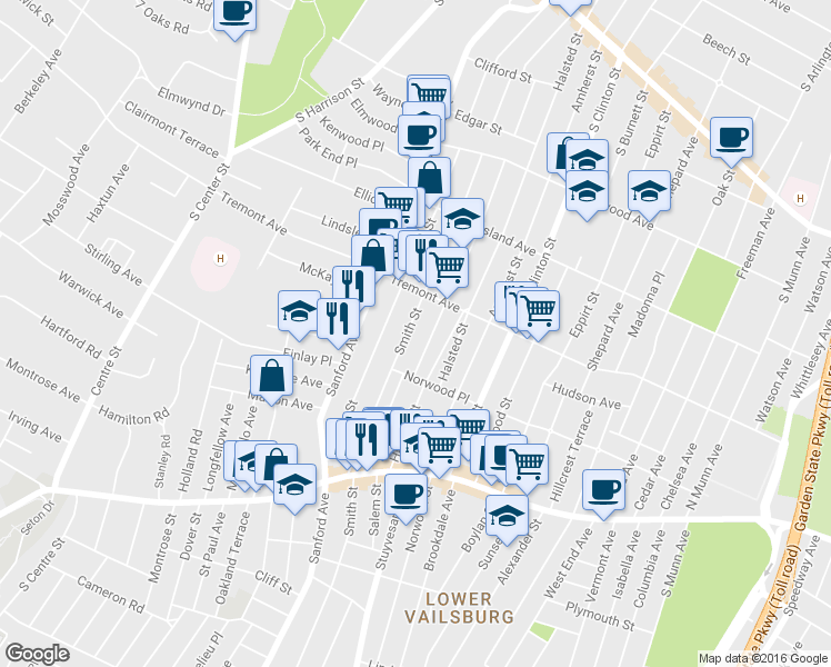 map of restaurants, bars, coffee shops, grocery stores, and more near 37 Smith Street in Newark