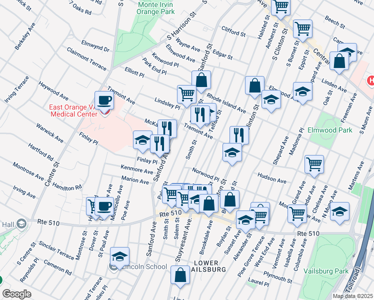 map of restaurants, bars, coffee shops, grocery stores, and more near 37 Smith Street in Newark