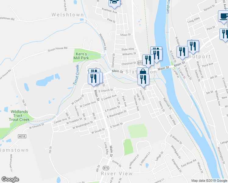 map of restaurants, bars, coffee shops, grocery stores, and more near 121 East Church Street in Slatington