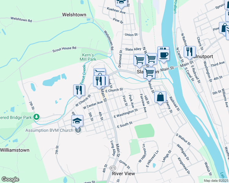 map of restaurants, bars, coffee shops, grocery stores, and more near 121 East Church Street in Slatington
