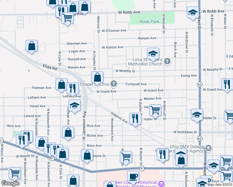 map of restaurants, bars, coffee shops, grocery stores, and more near 677 West Grand Avenue in Lima