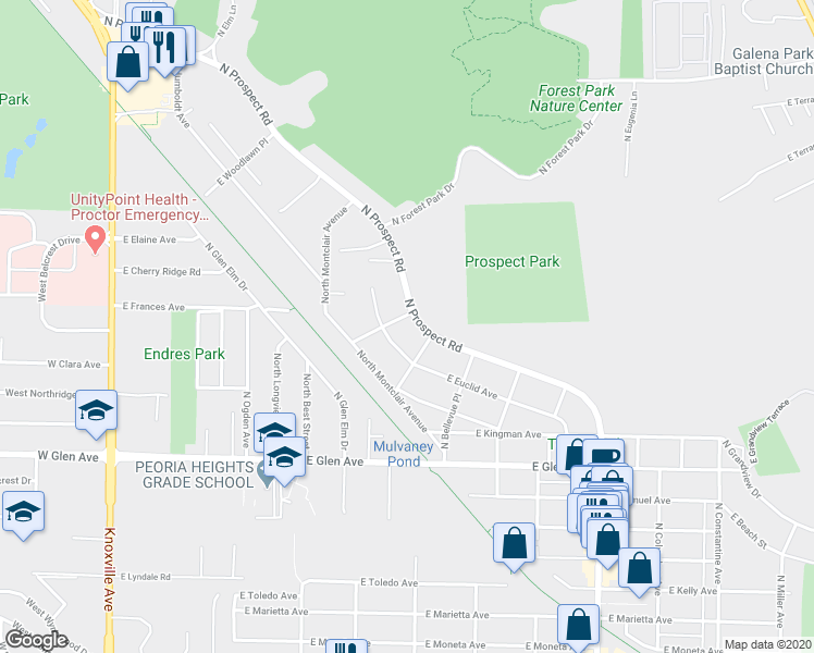 map of restaurants, bars, coffee shops, grocery stores, and more near 5217 North Prospect Road in Peoria