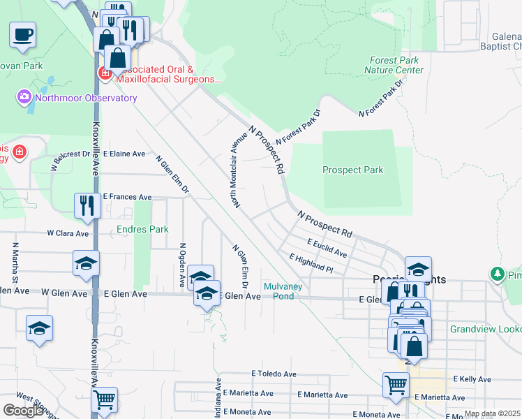 map of restaurants, bars, coffee shops, grocery stores, and more near 5039 North Lakeside Place in Peoria Heights
