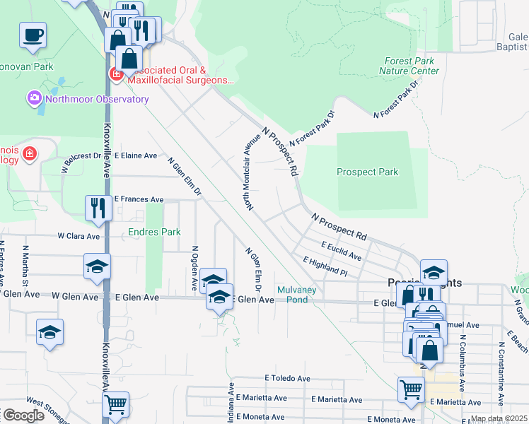 map of restaurants, bars, coffee shops, grocery stores, and more near 5039 North Lakeside Place in Peoria Heights