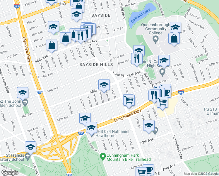 map of restaurants, bars, coffee shops, grocery stores, and more near 56-06 215th Street in Queens