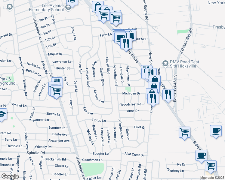 map of restaurants, bars, coffee shops, grocery stores, and more near 70 North Fordham Road in Hicksville