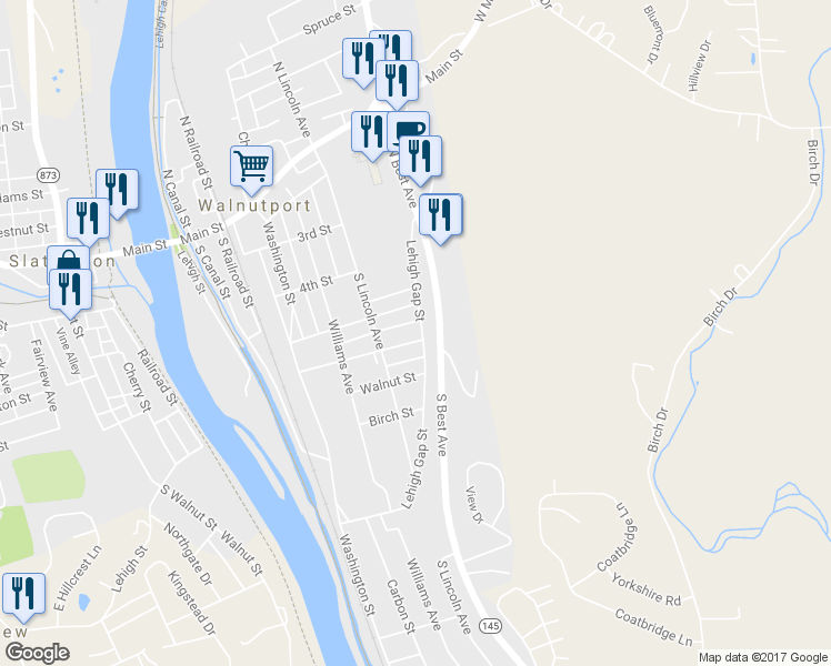 map of restaurants, bars, coffee shops, grocery stores, and more near 526 Lehigh Gap Street in Walnutport